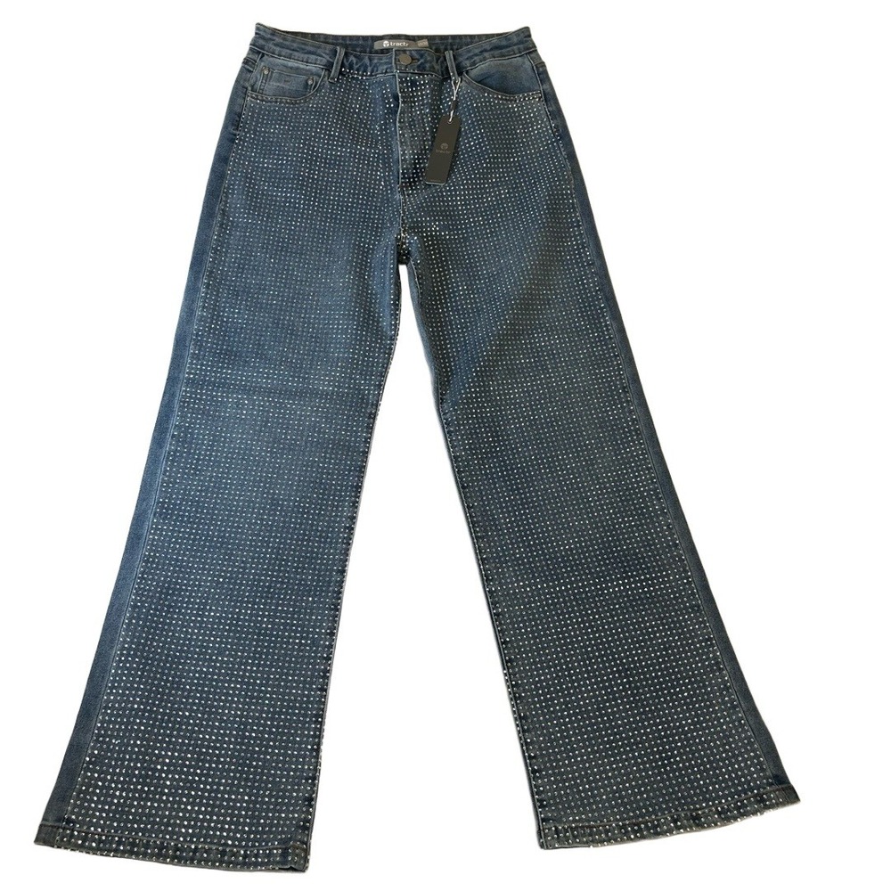 NWT Tractr Jeans Womens Size 10 30‎ Blue Denim Wide Leg Rhinestone Studded